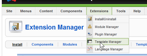 Click on Extensions then Template Manager