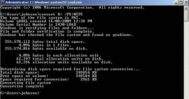 Command prompt commands for converting to ntfs.