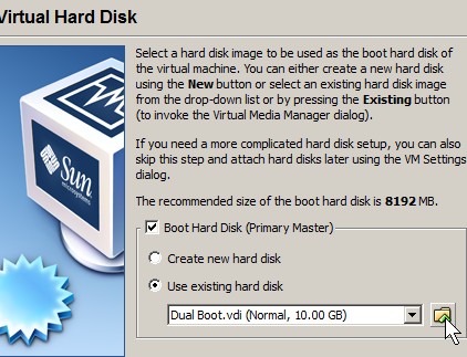 Pick use existing hard drive and click the folder icon