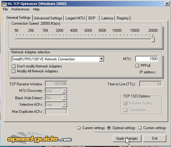 TCP Optimizer moves slider to your internet speed and click apply changes