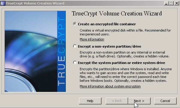 Pick create encrypted file container click next button.