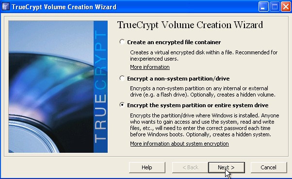 pick encrypt the entire system partion or entire system drive click next