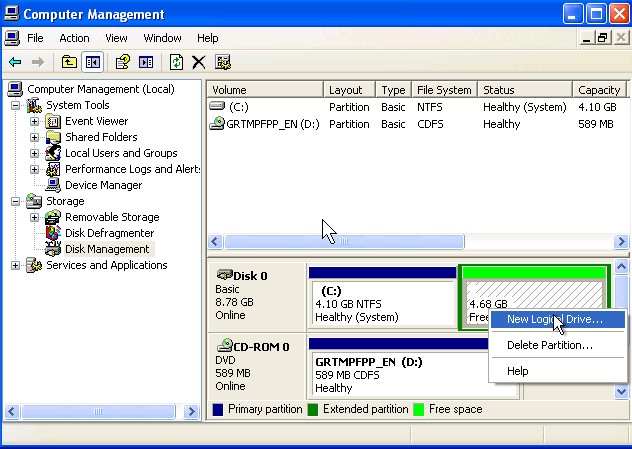 Go to drive management Right click partition or drive and pick new logical