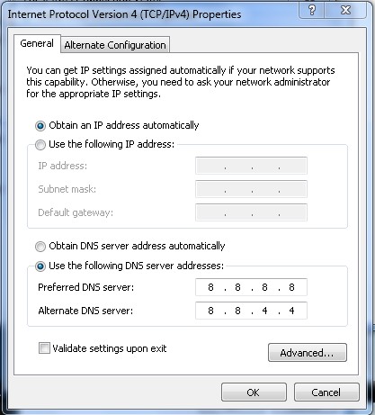 DNS settings in Windows 7 network connection network card