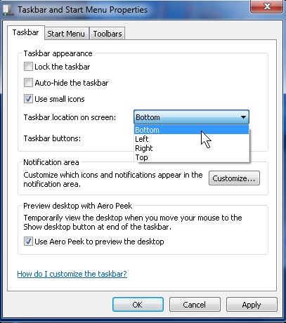Pick the location you want the taskbar to be at from the taskbar location drop down menu.