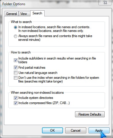Search Tab folder Options
