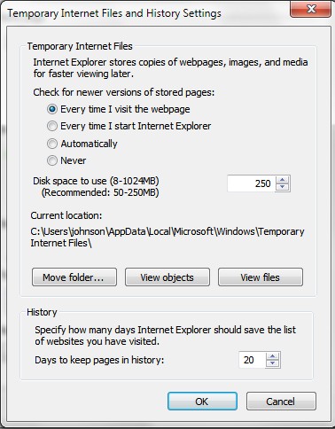 set Tempory internet files to 50-250MB