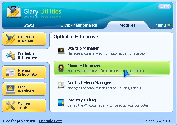 Memory Optimizer's location in Glary's Utilies