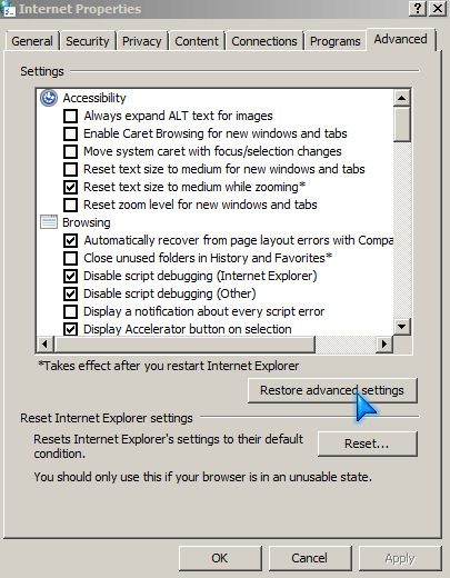 Restore Advance settings and reset IE settings