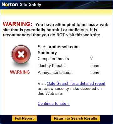 Norton Safe Web warning