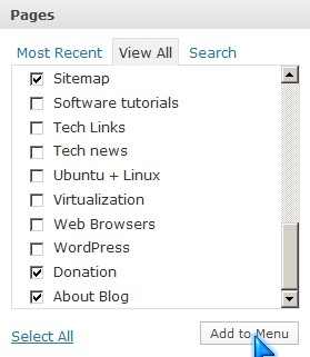 Select pages and categories Add to menu