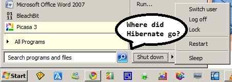 Hibernate option missing from Windows 7 start menu